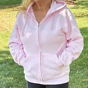New Jerzees NuBlend Pink Full-Zip Hooded Sweatshirt with Kangaroo Pockets